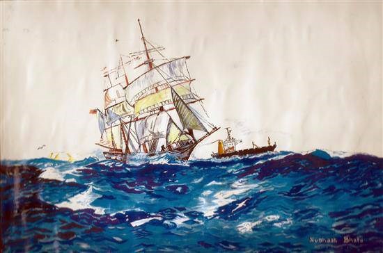 Sailing ship & Bulker, painting by Subhash Bhate