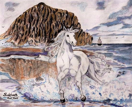 Running horse on beach, painting by Subhash Bhate