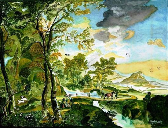 Bridge on brook, painting by Subhash Bhate