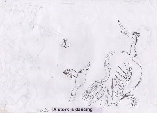 A stork is dancing, painting by Sreebhadra Suraj