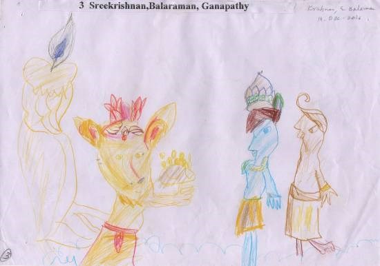 Shreekrishna, Balram, Ganesha, painting by Sreebhadra Suraj
