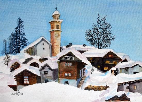 The blanket of snow, Switzerland, painting by Mangal Gogte