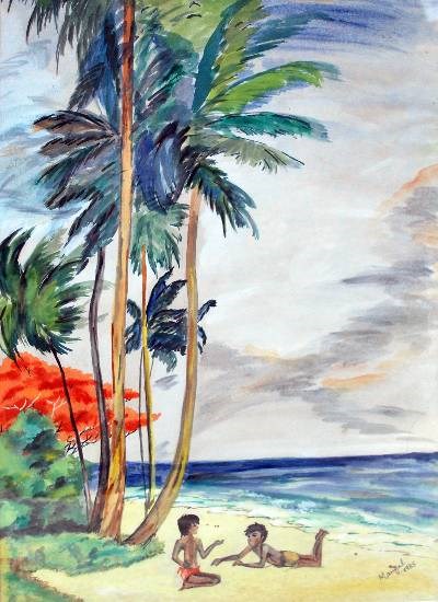 Friends on the beach, Alibag, painting by Mangal Gogte