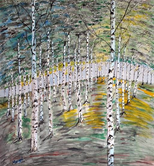Birch trees, Finalnd, painting by Mangal Gogte