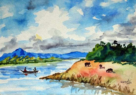 Boating in Kashmir, painting by Mangal Gogte