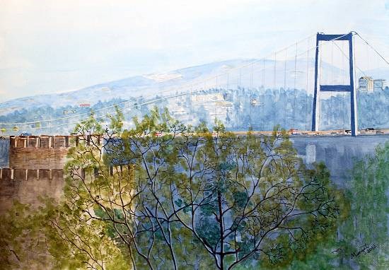 Bridging Asia & Europe, Istanbul, Turkey, painting by Mangal Gogte