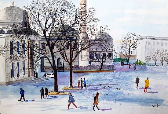 At Beyazit Square, Istanbul, Turkey, painting by Mangal Gogte