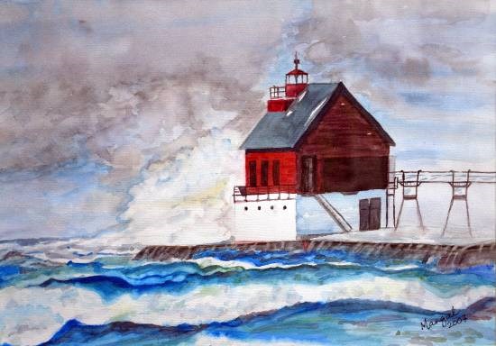 Stormy sea and a lighthouse, Dapoli, painting by Mangal Gogte
