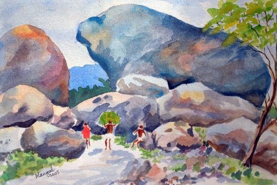 Pre-cambrian rocks galore, Hyderabad, painting by Mangal Gogte
