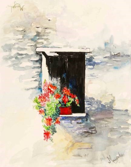 Red bloom on window sill, painting by Mangal Gogte