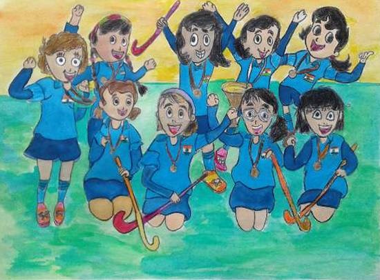 Playing for fun - India Hockey team, painting by Sharlina Shete