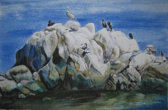 Birds on Colourful Rocks Monterey Beach in USA, painting by Poonam Juvale