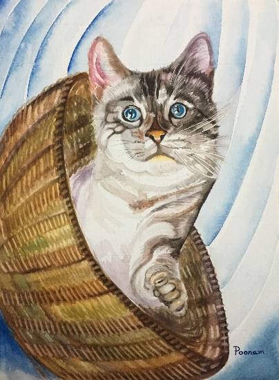 Cat in basket, painting by Poonam Juvale