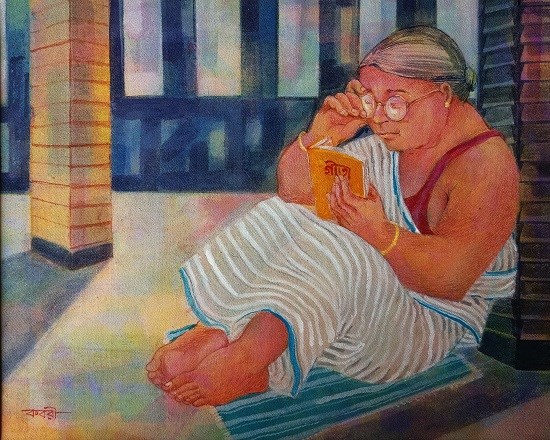 Old woman reading Geeta, painting by Kabari Banerjee
