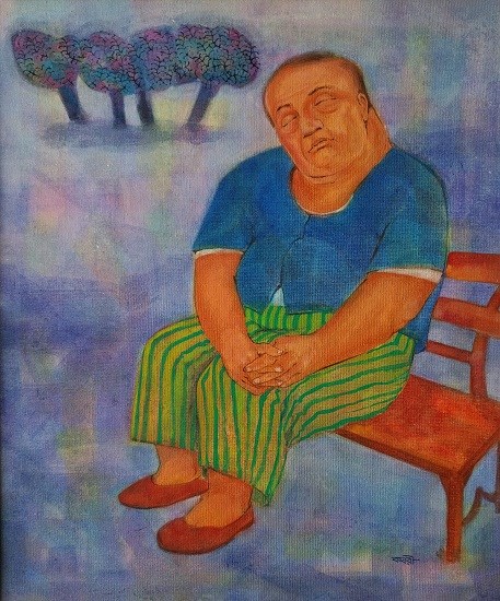 Old man on chair, painting by Kabari Banerjee