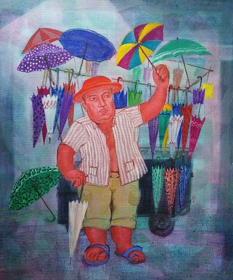 Umbreller Seller, painting by Kabari Banerjee