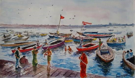 Ferries of the Ganges, painting by Lasya Upadhyaya