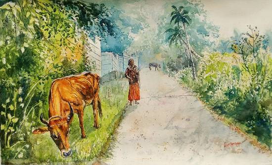 Daybreak in Kerala, painting by Lasya Upadhyaya