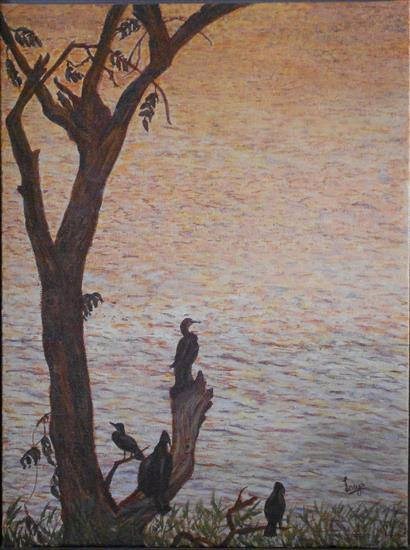 Resting by the riverside, painting by Lasya Upadhyaya