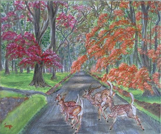 Deer in a park, painting by Lasya Upadhyaya