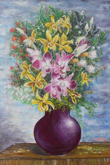 Vase of orchids, painting by Lasya Upadhyaya