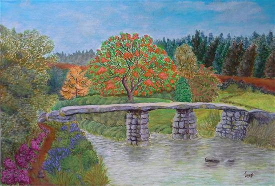 Stone bridge amidst greenery, painting by Lasya Upadhyaya