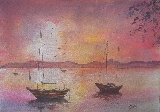 Floating on the sunset sea, painting by Lasya Upadhyaya