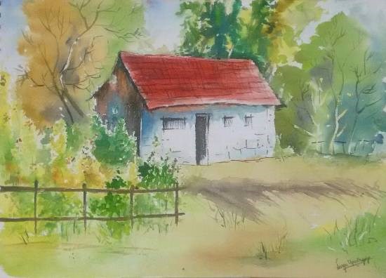 House in the woods, painting by Lasya Upadhyaya