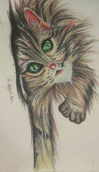 Painting  by Daljeet Kaur - Lying cat with green eyes