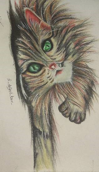 Lying cat with green eyes, painting by Daljeet Kaur