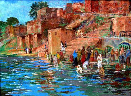 painting by Nalini Bhagwat - River Ghats - III