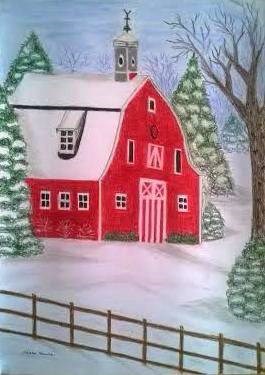 A Red Barn in Snow, painting by Shikha Narula
