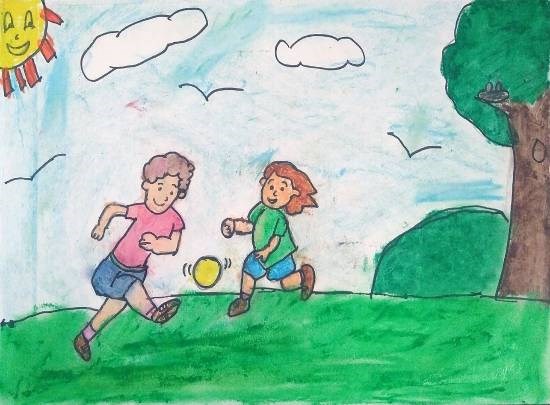 Friends (Playing the ball), painting by Ananya Satish Pisharody