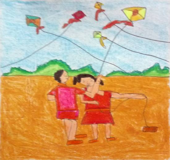 Painting  by Antara Shivram Desai - Kite Flying