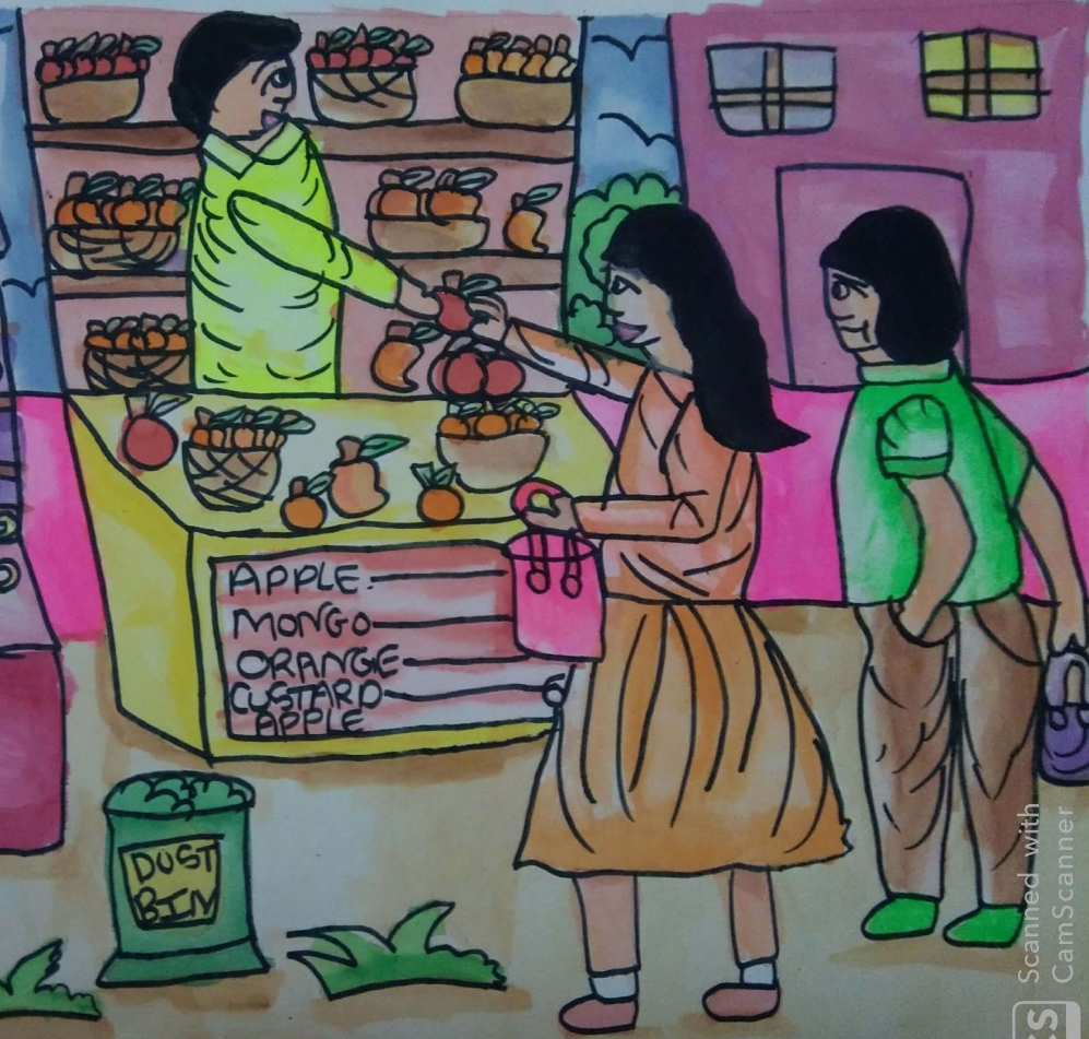 Painting  by Antara Shivram Desai - fruit shopping