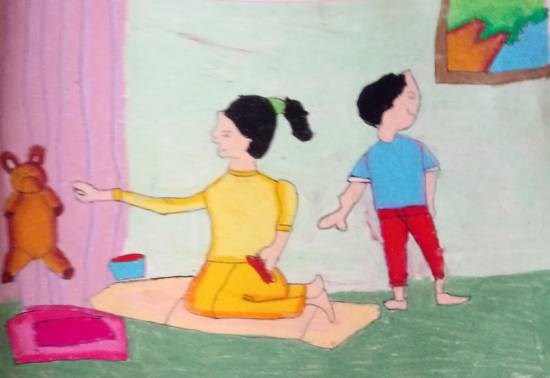 Sister and Brother playing, painting by Antara Shivram Desai