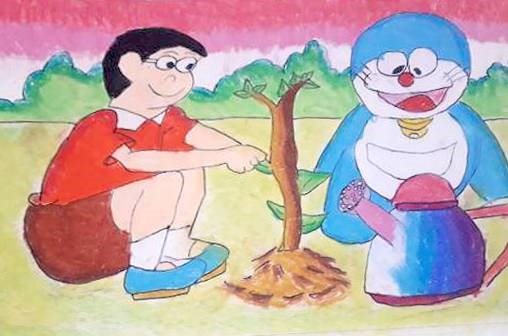Tree planting by nobita, painting by Antara Shivram Desai