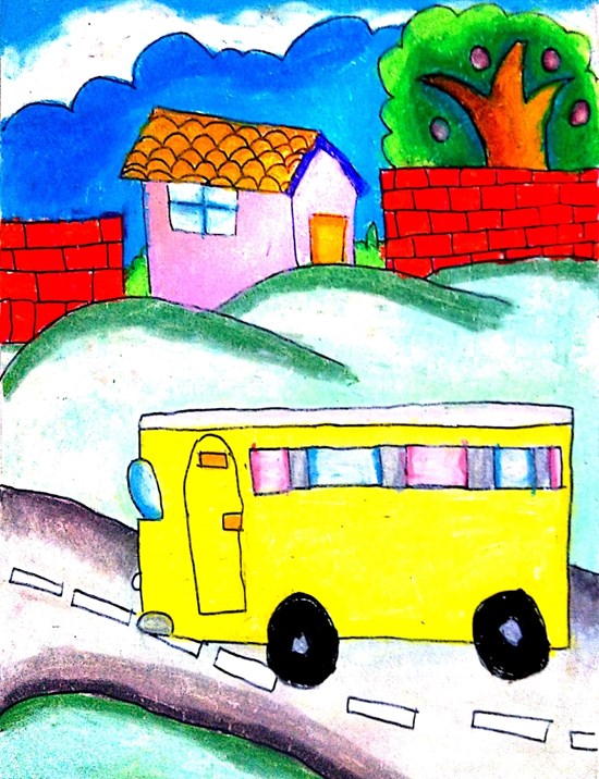 bus travelling in village, painting by Antara Shivram Desai
