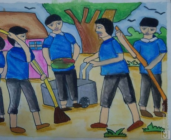 village cleaning, painting by Antara Shivram Desai