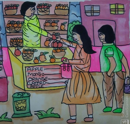 fruit shopping, painting by Antara Shivram Desai