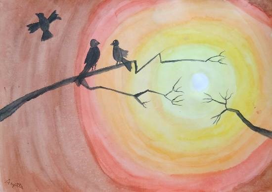 Sunrise with birds, painting by Arpita Bhat