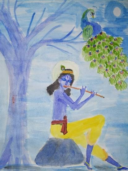 Krishna playing bansi, painting by Arpita Bhat