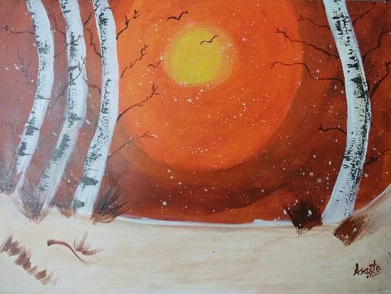 Scenic sunset with the beautiful birch trees, painting by Arpita Bhat