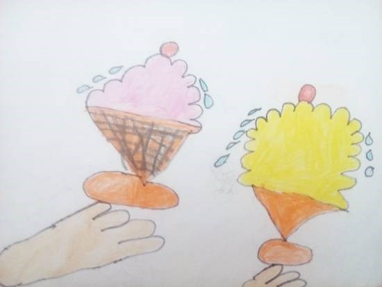 Flavors of Ice creams - Strawberry and Mango flavor, painting by Isha Bhattacharjee