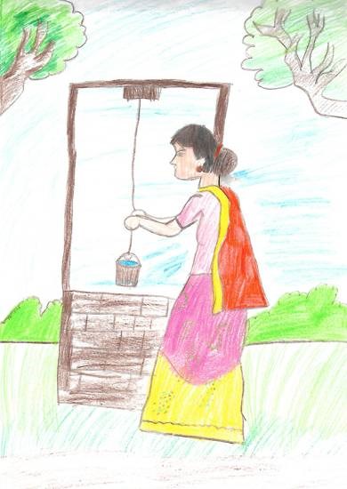 Village Life, painting by Isha Bhattacharjee