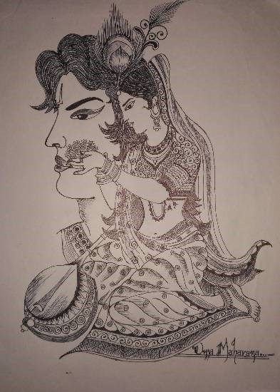Meerabai & lord Krishna, painting by Uma Maharana