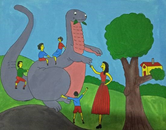 Meeting with a dinosaur, painting by Tithi Mukhopadhyay