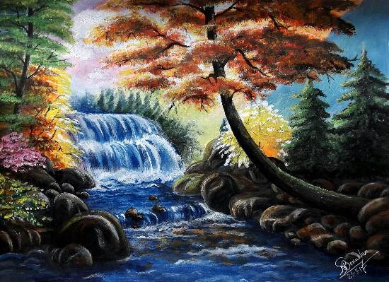 Waterfall, painting by Naruttam Boruah