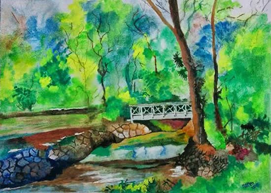 Bridge on Stream, painting by Narendra Gangakhedkar