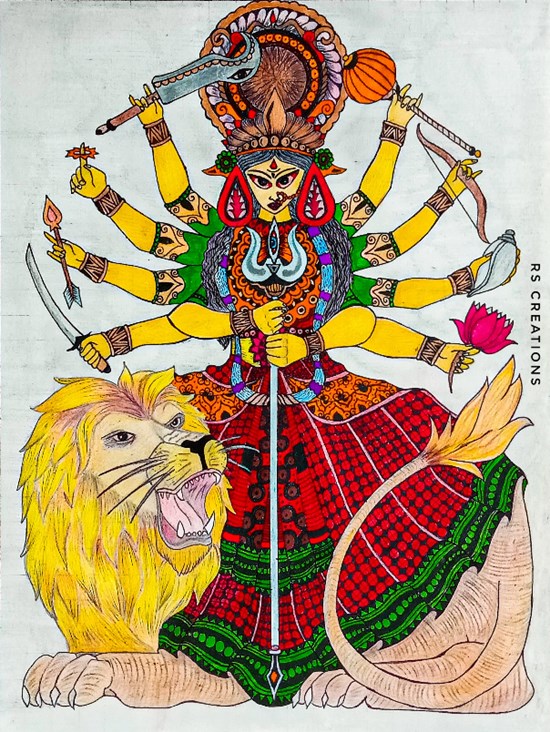 Durga Pujo, painting by Vattam Rajesh